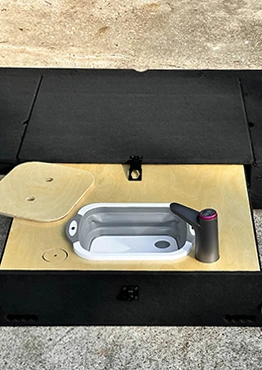 The Kitchen (the Cargo Drawer with a table, a sink, and a faucet) for Jeep Wrangler 4xe